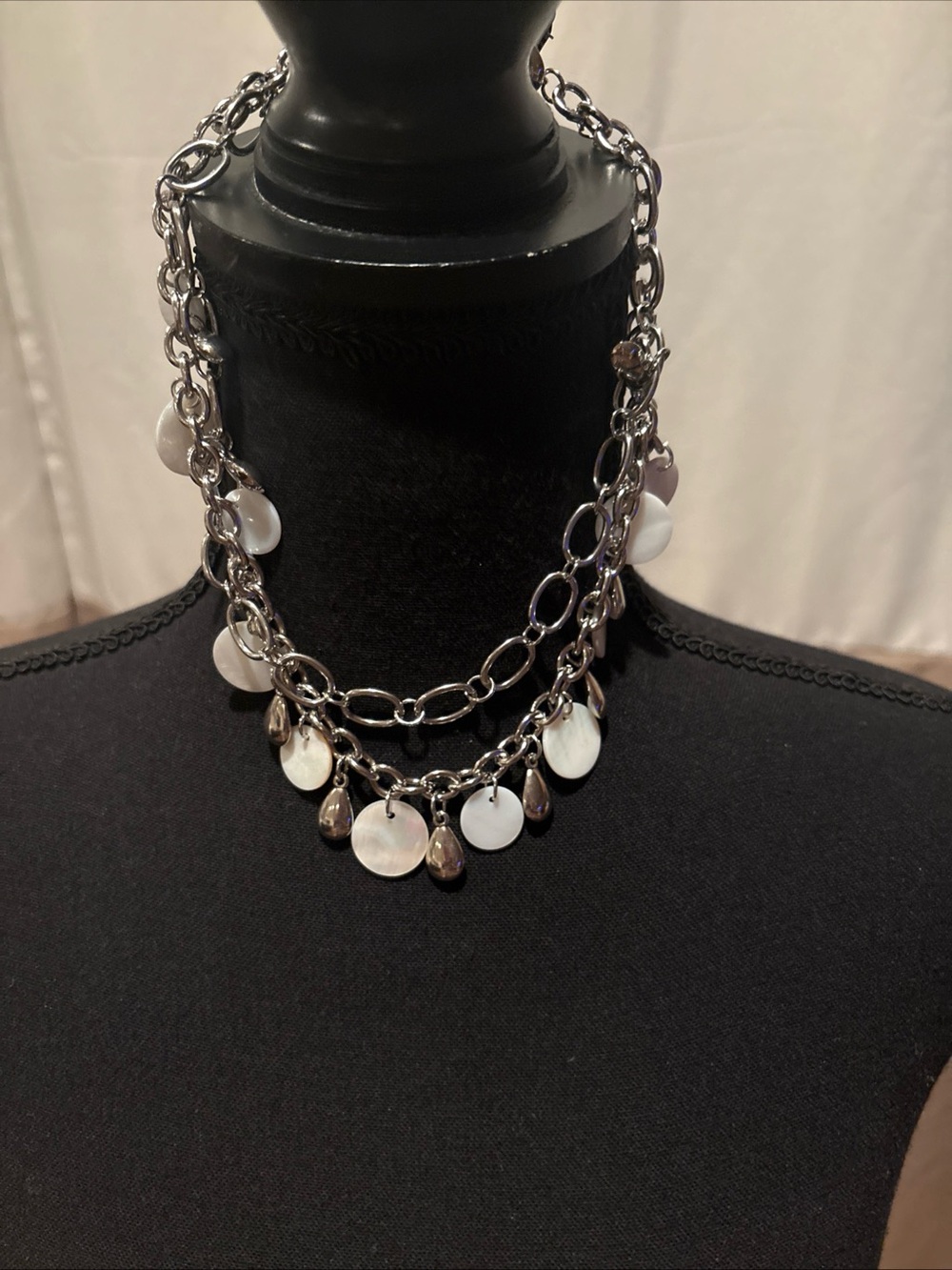 Silver-Tone Shell Disc & Teardrop Charm Necklace - White Shell Accents